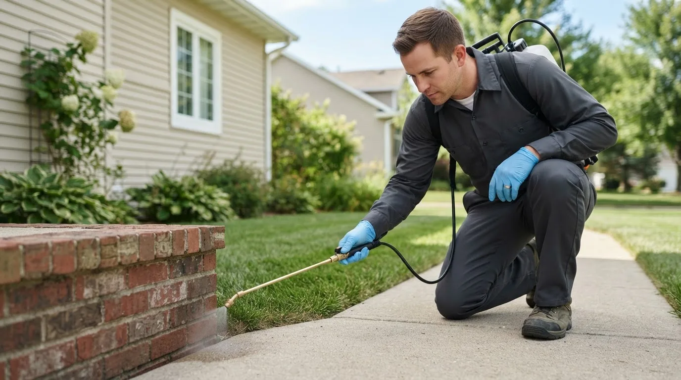 Pest control technician treating a home near Pikesville, MD